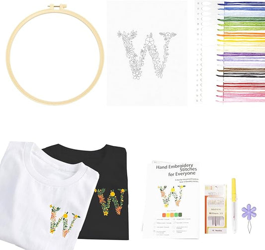 Topapfo Stick and Stitch Letter W Embroidery Patterns Kit for Clothing, Beginners Adults Embroidery Stabilizer Water Soluble for Clothes Jeans T-Shirts Tote Bags