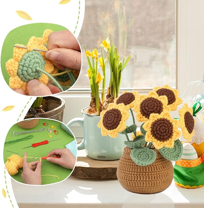 kgxulr Crochet Kit for Beginners, Sunflower Crochet Kit Beginner Crochet Starter Kit for Complete Beginners Adults, Crocheting Knitting Kit with Step-by-Step Video Tutorials (Sunflower)