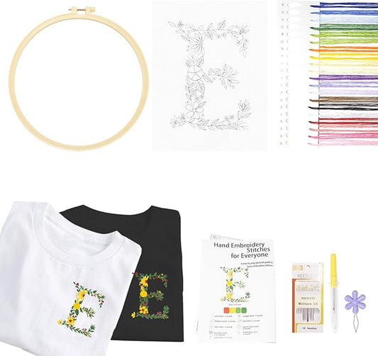 Topapfo Alphabet Letter E Stick and Stitch Embroidery Stabilizers Name Embroidery Kit for Beginners Adults Floral Embroidery Pattern Stencils Templates Needlepoint Crafts