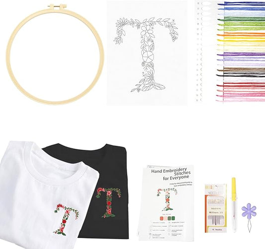 Topapfo Alphabet Letter T Stick and Stitch Embroidery Kit for Clothing, Beginners Name Embroidery Pattern Transfer Paper Stencils Water Soluble for Clothes Jeans T-Shirts Tote Bags