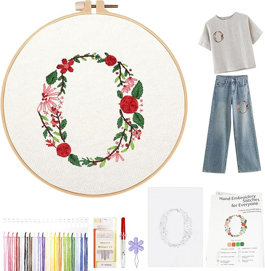 Topapfo Alphabet Letter O Stick and Stitch Embroidery Kit for Clothing, Beginners Name Embroidery Pattern Stabilizer Stencils Templates Needlepoint Clothes Tote Bags Shirts Crafts