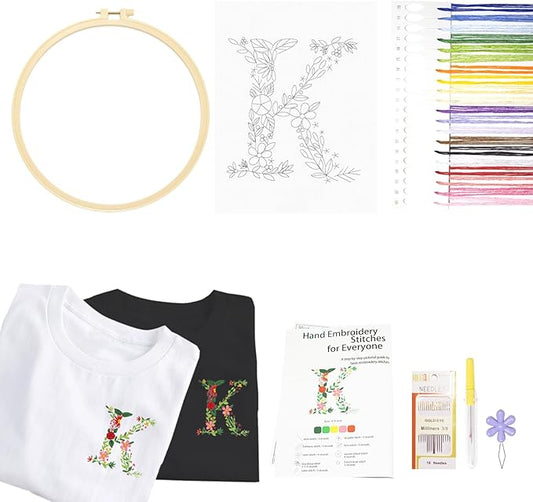 Topapfo Letter K Stick and Stitch Embroidery Kit for Clothing, Beginners Alphabet Name Embroidery Pattern Water Soluble Jeans T-Shirts Crafts