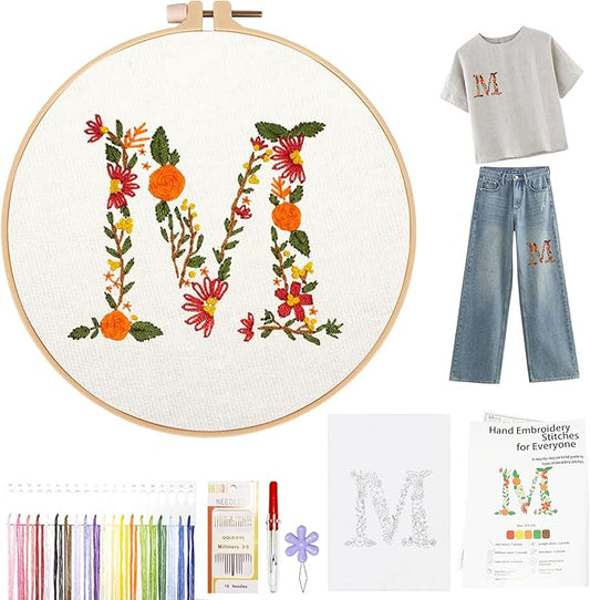 Topapfo Letter M Stick and Stitch Embroidery Kit for Clothes, Beginners Alphabet Embroidery Pattern Water Solauble for Adults Clothing Jeans T-Shirts Tote Bags Crafts
