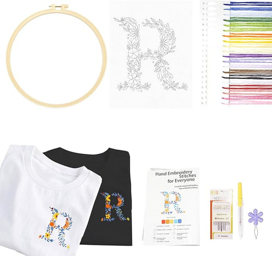 Topapfo Stick and Stitch Letter R Embroidery Kit for Clothing, Beginners Alphabet Embroidery Pattern Stanilizer Needlepoint Transfers for Tote Bags Shirts Jeans Adult Crafts