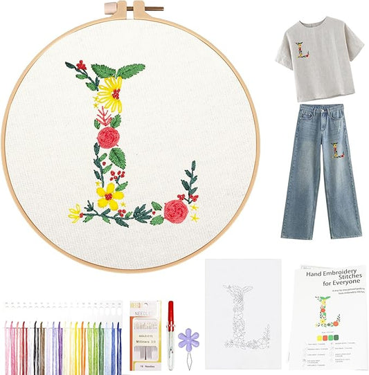 Topapfo Letter L Stick and Stitch Embroidery Kit for Clothing, Beginners Alphabet Embroidery Patterns Water Soluble for Clothes Jeans T-Shirts Tote Bags