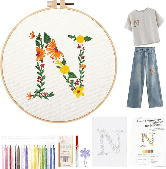 Topapfo Letter N Stick and Stitch Embroidery Patterns Kit for Clothes, Alphabet EmbroideryStabilizers for Beginners Adults Water Dissolve for Clothing Jeans T-Shirts Tote Bags Crafts