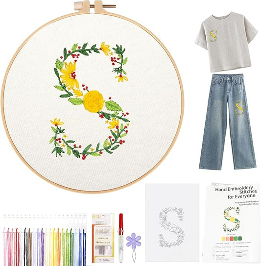 Topapfo Stick and Stitch Letters S Embroidery Kit for Clothes, Beginners Alphabet Embroidery Pattern Stencils Templates Needlepoint for Shirts Tote Bags Jeans Crafts