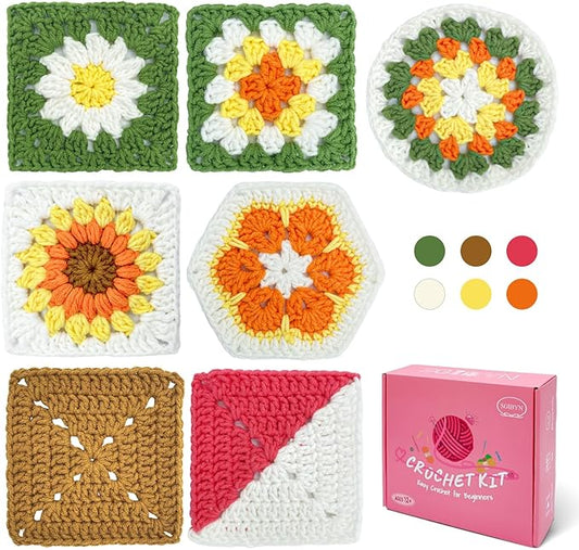 SGIBYN Crochet Kit for Beginners with Step-by-Step Video Tutorials, Granny Squares Beginners Starter Crochet Kit for Women Knitting Kits Learn to Crochet Set (Granny Squares)