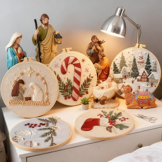 QBQBQ 4 Sets Christmas Embroidery Kits for Adults, Embroidery Kit for Beginners, Cross Stitch Kits for Beginners with Pattern, Needles, Threads, Tools (Christmas Kits A)