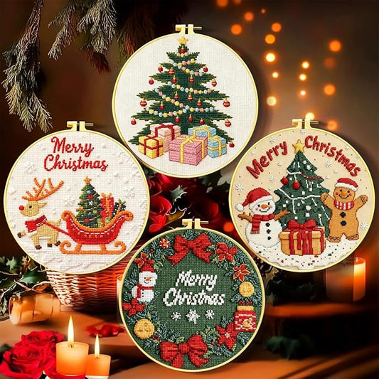 Zhenqing 4 Piece Stamped Cross Stitch Kits Christmas for Beginners,Hand Embroidery kit,Christmas Embroidery Patterns with Embroidery, Tassel, Scissors, Embroidery Tools(68352)