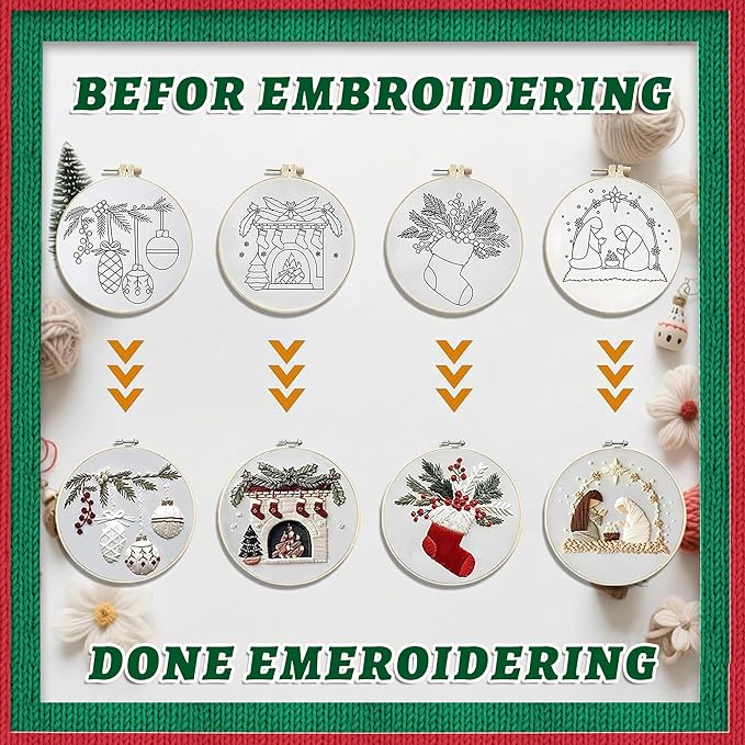 QBQBQ 4 Sets Christmas Embroidery Kits for Adults, Embroidery Kit for Beginners, Cross Stitch Kits for Beginners with Pattern, Needles, Threads, Tools (Christmas Kits A)