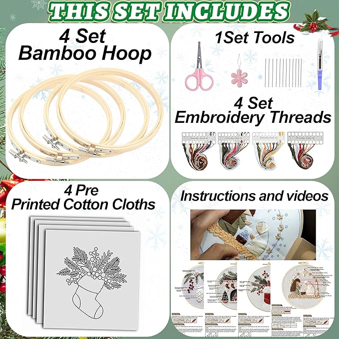 QBQBQ 4 Sets Christmas Embroidery Kits for Adults, Embroidery Kit for Beginners, Cross Stitch Kits for Beginners with Pattern, Needles, Threads, Tools (Christmas Kits A)