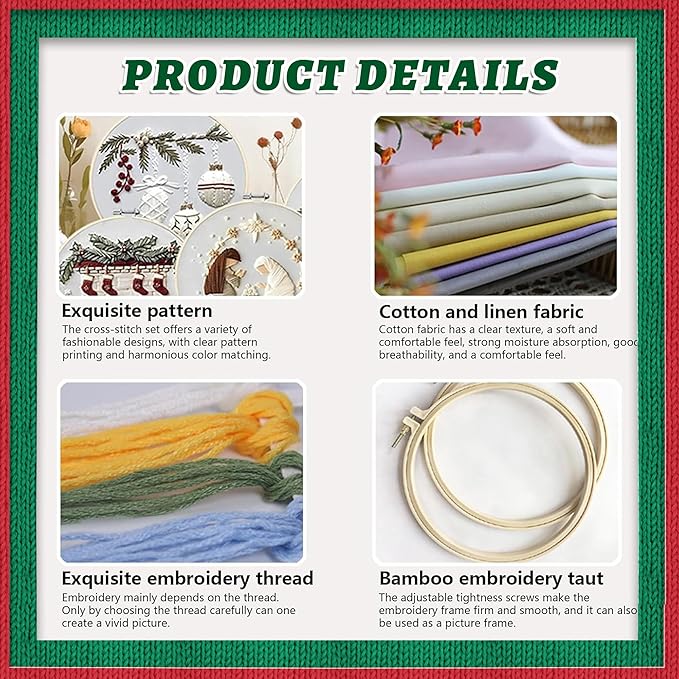 QBQBQ 4 Sets Christmas Embroidery Kits for Adults, Embroidery Kit for Beginners, Cross Stitch Kits for Beginners with Pattern, Needles, Threads, Tools (Christmas Kits A)