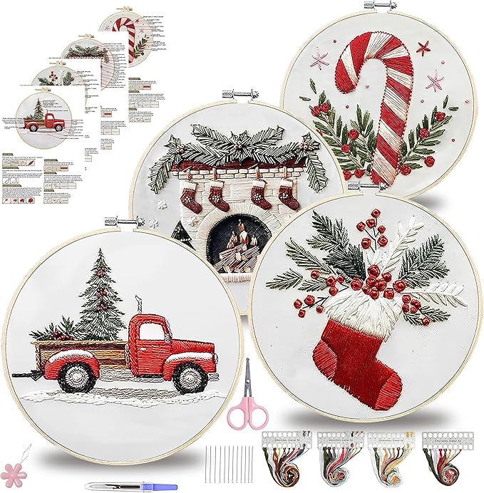 QBQBQ 4 Sets Christmas Embroidery Kits for Adults, Embroidery Kit for Beginners, Cross Stitch Kits for Beginners with Pattern, Needles, Threads, Tools (Christmas Kits A)