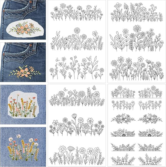 Water Soluble Stabilizer Embroidery Patterns - CRASHOT 4 Sheets Stick and Stitch Embroider Paper Wash Away, Flower Floral Daisy Butterfly Designs, Suprise for Hand Sewing Lover