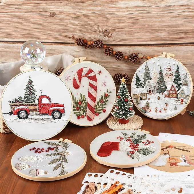 QBQBQ 4 Sets Christmas Embroidery Kits for Adults, Embroidery Kit for Beginners, Cross Stitch Kits for Beginners with Pattern, Needles, Threads, Tools (Christmas Kits A)